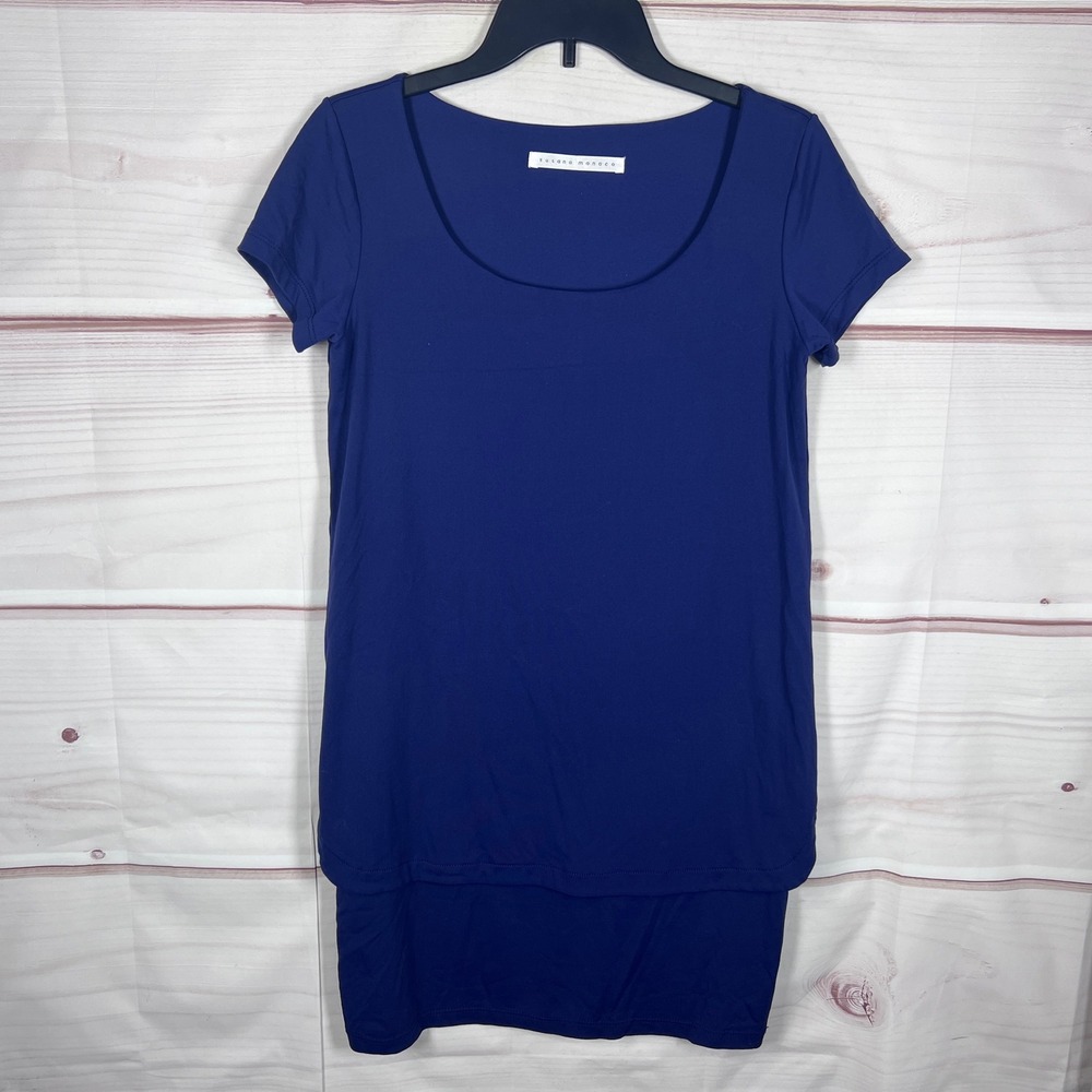 Susana Monaco Dress Women Medium Blue Short Sleeve Scoop Neck Layered Hem Mini